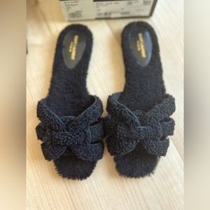 BNIB YSL black shearling slides. Size 8 / 38.